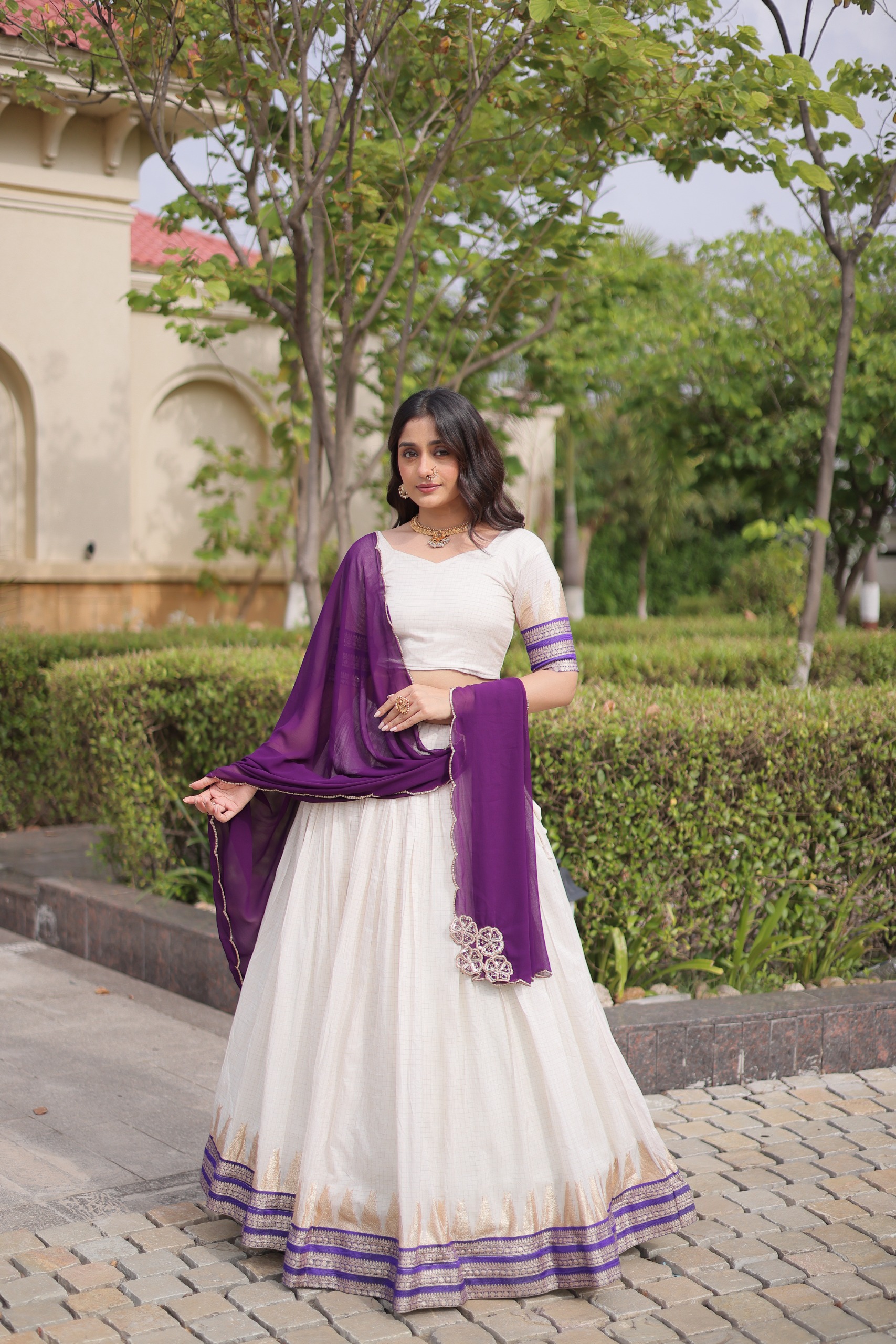 Onam Special Women's Premium Viscose jacquard Lehenga Choli Set with Contrast Dupatta